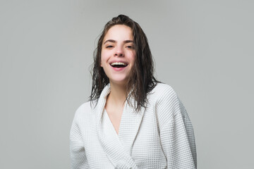 Obraz premium Young women enjoy morning. Beautiful happy girl model with natural makeup.