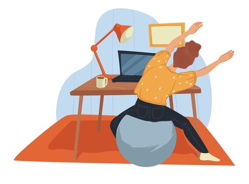 Woman stretching by laptop, working or relaxing