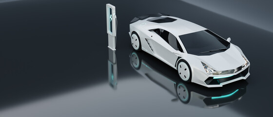 Obraz na płótnie Canvas Non-existent brand-less generic concept white sport electric car on glossy background. Automobile futuristic technology concept . 3D illustration rendering