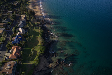 A high definition aerial view of the beach in Kihei Hawaii.

