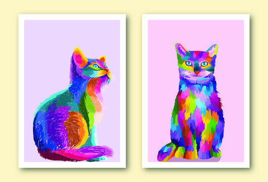 colorful cat pop art portrait in frame isolated decoration ready to print poster design