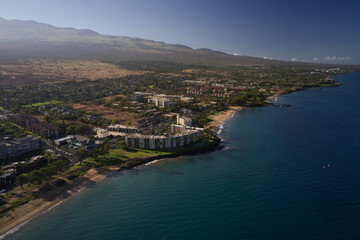 A high definition aerial view of the beach in Kihei Hawaii.
