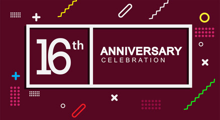 16th years anniversary celebration white square style isolated on dark purple with colorful memphis pattern background, design for anniversary celebration.