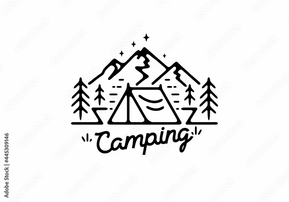 Wall mural black line art illustration of camping tent and mountain