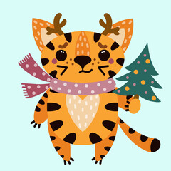 Fototapeta na wymiar Cute cartoon striped tiger. Isolated icon on white background. Animal with deer horns and a Christmas tree. The cat in the scarf. Symbol 2022. Hand-drawn kitten. Flat style. 