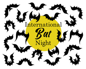International Bat Night. A flock of bats in various poses. Flying vampires against the background of a yellow moon. Black silhouette of nocturnal bloodsucker animals. Illustration in support of bats.
