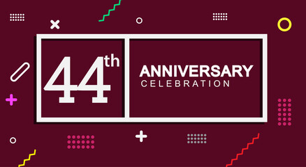 44th years anniversary celebration white square style isolated on dark purple with colorful memphis pattern background, design for anniversary celebration.