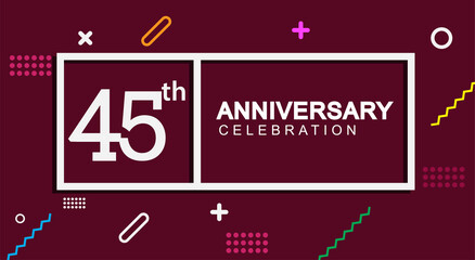 45th years anniversary celebration white square style isolated on dark purple with colorful memphis pattern background, design for anniversary celebration.
