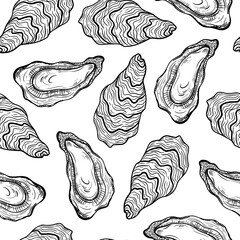 Oyster seamless vector pattern. Open and closed shells of an edible clam. Hand drawn doodle bivalve molluscs. Black outline of a seafood delicacy. Food sketch on a white background. Monochrome. © shamanistik_art