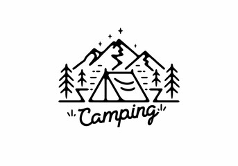 Black line art illustration of camping tent and mountain - obrazy, fototapety, plakaty