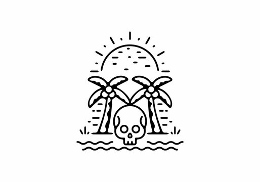 Black line art of skull and coconut trees and sun