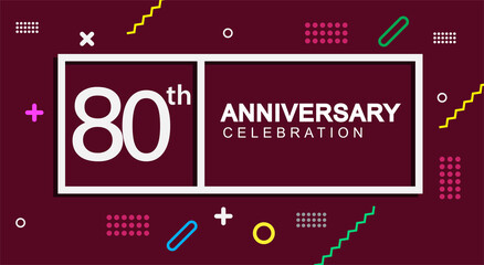 80th years anniversary celebration white square style isolated on dark purple with colorful memphis pattern background, design for anniversary celebration.