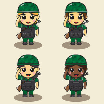 Vector illustration of Cute little Female Soldier gun on back and saluting. Adorable kids soldier set. Smiling little Girls dressed as Soldier vector illustrations.