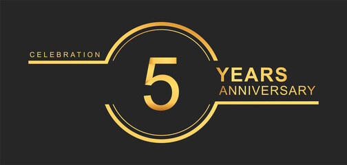 5th years anniversary golden and silver color with circle ring isolated on black background for anniversary celebration event - obrazy, fototapety, plakaty