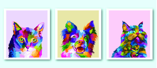 colorful pet pop art portrait in frame isolated decoration poster design, cute funny animal ready to print