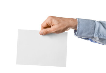 Man holding blank sheet of paper on white background, closeup