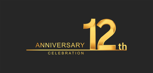 12th years anniversary celebration with elegant golden color isolated on black background, design for anniversary celebration.