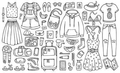 Obraz premium Hand-drawn set of clothes, essential items, and stuff for traveling. Doodle illustration of suitcase, female garment, and other objects for vacation and holiday 