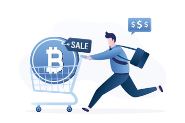 Buying bitcoin on sale when cryptocurrency price crash to make profit. Smart male investor purchasing crypto currency. Bitcoin in shopping trolley