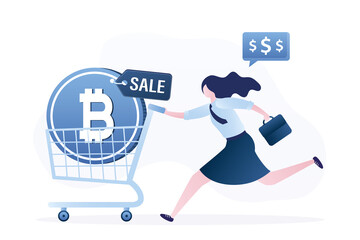 Buying bitcoin on sale when cryptocurrency price crash to make profit. Smart woman investor purchasing crypto currency. Bitcoin in shopping trolley
