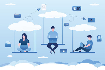 Cloud computing, remote work on company, cloud infrastructure. DIgital technology to connect business people. Office employees working with smart gadgets on swing.