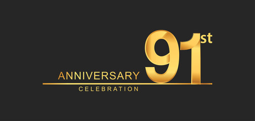 91st years anniversary celebration with elegant golden color isolated on black background, design for anniversary celebration.