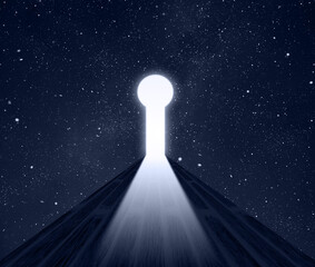 Keyhole door in Cosmos stars background . The Road To success Concept. Light Door Key Hole In Space With Night Starry Sky and Bright way. surreal door, business key and success concept 