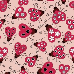 Seamless pattern with heart shaped ladybugs decorated with funny elements. Comic creatures. Vector illustration