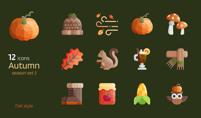 Autumn season flat design icon vector set. Fall seasonal detailed glossy brightness glyphs for decorative.