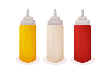 Mustard, ketchup, mayonnaise sauces in squeeze bottles for fast food, illustration cartoon icons isolated background.
