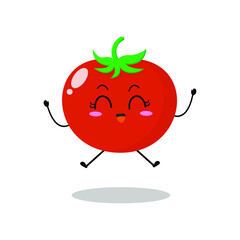 Vector illustration of red tomato character with cute expression, happy jump, funny, tomato isolated on white background, simple minimal style, fresh fruit for mascot collection, emoticon