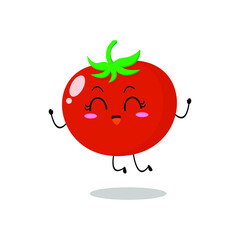 Vector illustration of red tomato character with cute expression, happy jump, celebration, funny, tomato isolated on white background, simple minimal style, fresh fruit for mascot collection, emoticon
