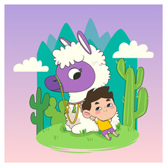 Alpaca and a boy with cactus