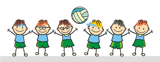 volleyball, sports team, six happy kids with ball , boys, funny vector illustration.