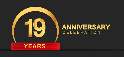 19th years anniversary celebration with elegant golden color and ring, red ribbon for anniversary celebration