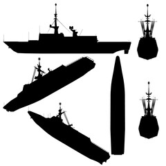 Set with silhouettes of a combat ship in various positions isolated on a white background. Vector illustration © German Ovchinnikov