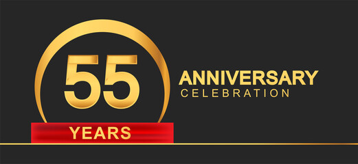 55th years anniversary celebration with elegant golden color and ring, red ribbon for anniversary celebration