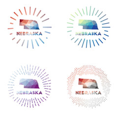 Nebraska low poly sunburst set. Logo of US state in geometric polygonal style. Vector illustration.