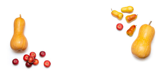 Banner two yellow pumpkins, apples and pears on a white wooden table. Autumn harvest. Copy space.