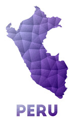 Map of Peru. Low poly illustration of the country. Purple geometric design. Polygonal vector illustration.