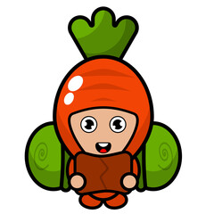 Cartoon vector cute carrot mascot character carrying a camping bag and holding a map