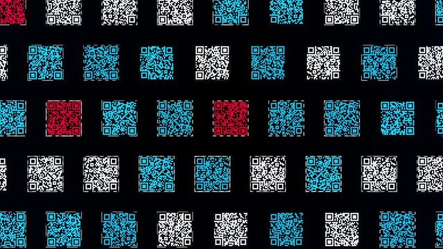 Colorful QR codes on black background. Animation. rows of codes move like a snake. Lot of QR codes move through rows. Matrix barcodes with information about various objects