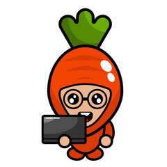 cartoon vector cute carrot mascot character working holding Laptop