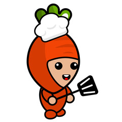 cartoon vector cute carrot mascot character wearing chef hat and holding spatula