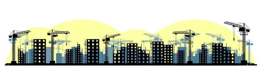 Construction of a new microdistrict of the city. Silhouette. Cranes and Tractors. Modern technologies and equipment. Isolated on white background illustration vector
