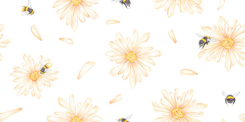 Fototapeta na wymiar Watercolor seamless pattern with illustration of flying bumblebee, chamomile, petal isolated on white background. Cute vintage flat nature and floral design.
