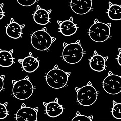 Seamless pattern with kittens ' faces, cat doodles, cute cat faces, Scandinavian style, cute illustration, cartoon drawing, hand-drawn, black and white vector illustration, isolated illustration