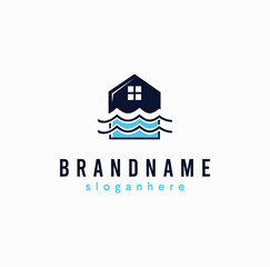 House home river wave logo business illustration template concept. Real Estate water blue
 sea icon Vector.