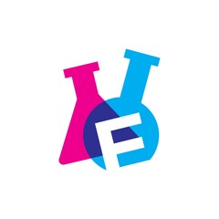 e letter lab laboratory glassware beaker logo vector icon illustration