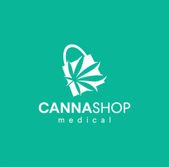 Medical Cannabis Shop Logo Emblems Label Design Vector illustration. Medicine store Market Leaves Marijuana hemp weed Logo health Icon Nature. Shopping bag and leaf cannabis organic